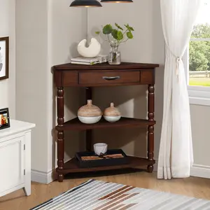 Dreamzon 33.8'' Small Triangle Corner Table, Wood Corner Side Table for Small Spaces/ Living Room, 3 Tier End Corner Table with Solid Wood Legs, Light Espresso