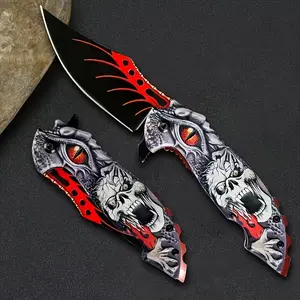 Skeleton Tactical Folding Knife - Stainless steel survival pocket knife with red decoration, 7.87-inch blade, suitable for outdoor camping, hiking and wilderness exploration, camping accessory, Christmas and Halloween gift for male friends