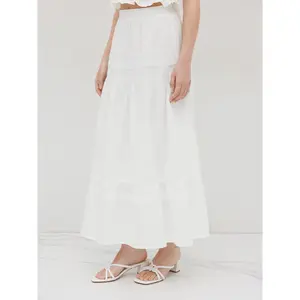 Cider [2 colors, size 0-10] Cotton Mid Rise Embroidery Ruffle Maxi Skirt