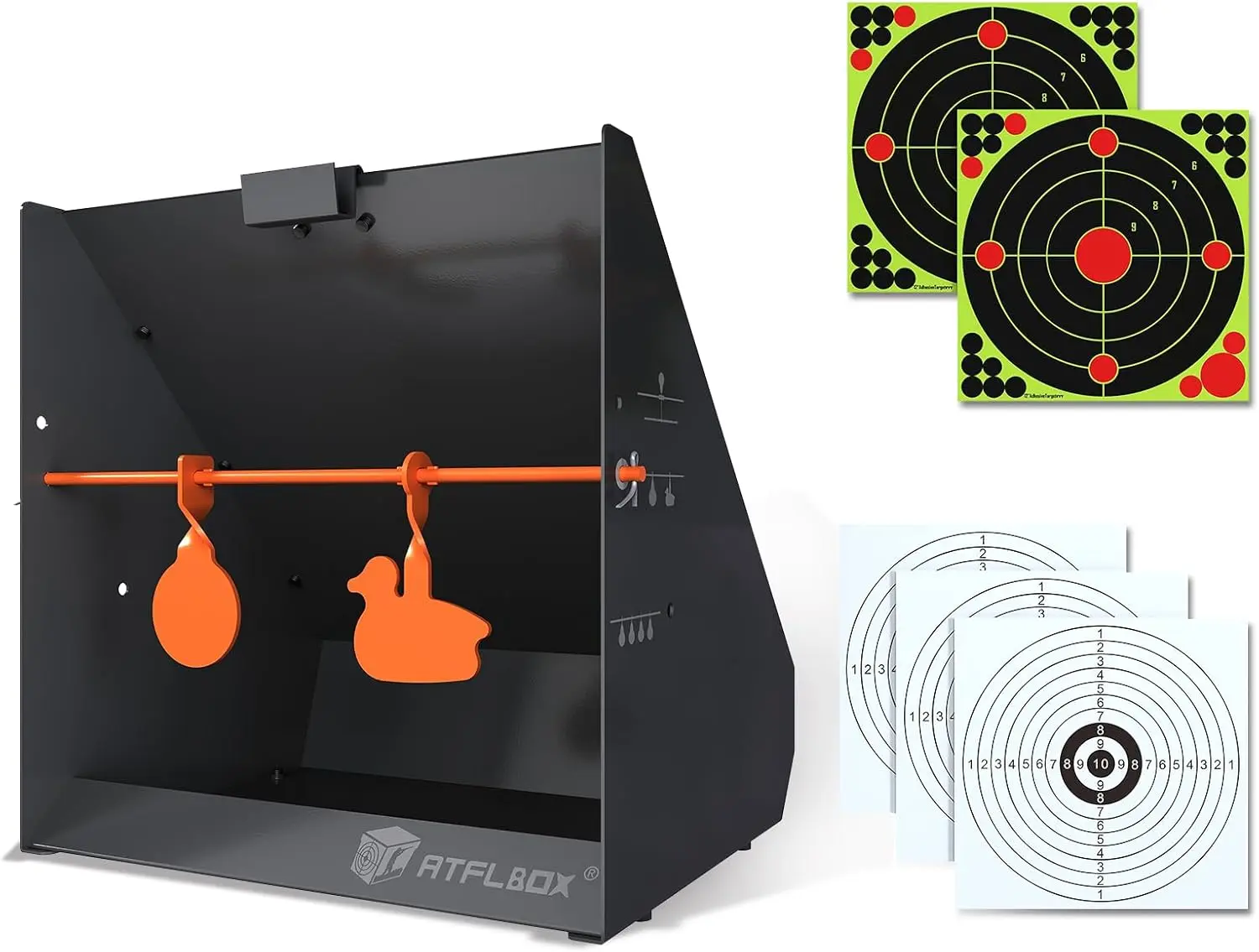Atflbox Pellet Trap Target With 12''x12'' Splatter Bullseye Paper Targets and Spinning Shooting Target
