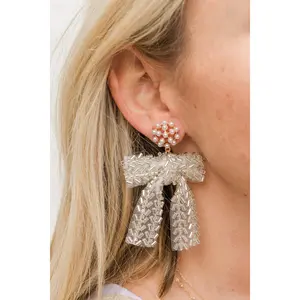 Beaded Ribbon & Pearl Cluster Earrings