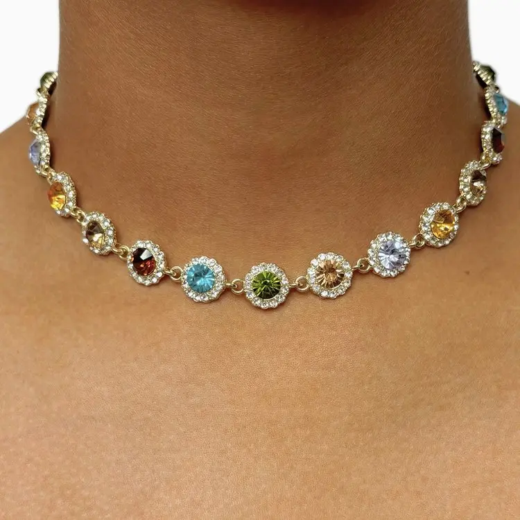 Statement Gold Rainbow Stone Choker Necklace mangekyou sharingan chain