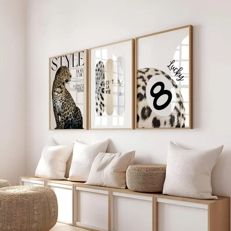 Set Of 3 Prints, Leopard Matchbox Art Prints, 8 ball Lucky You Poster, Ace of Hearts, Retro Wall Decor
