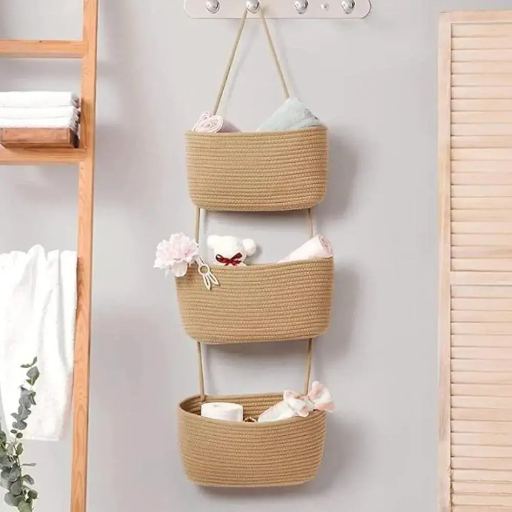 【Handmade】Woven cotton 3-Tier Over the Door Basket, Wall-Mounted Jute Storage Organizer–Decorative Nursery Baskets, Perfect for Busy Mom/Dad to Store Diapers & Toys small basket Gift Hook laundry basket house organizers decor storage basket giftsforfamily