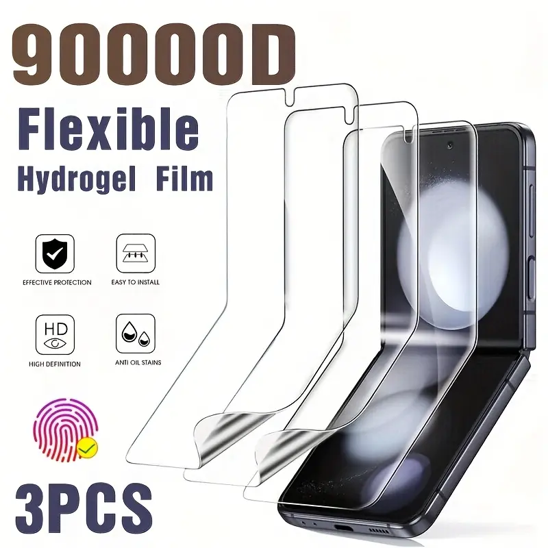 3 Pcs Hydrogel Film Clear Protective Screen Protector, Smartphone for Samsung galaxy Z Flip 6/4/5/3 5G, Ultra-Thin, Full Coverage, Screen Covering, Fingerprint Unlock Compatible, Anti-scratch, Anti-fingerprint, High Sensitivity, Accessories, Cellphone