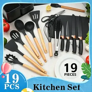 [New Deal] 19-Pcs Silicone Kitchen Utensil Set - Heat Resistant, BPA-Free, Nonstick, Dishwasher Safe, Stainless Steel Core, Easy to Clean, Pink Black Funky Kitchen Cooking Accessories with Nonstick Cooking Spoon