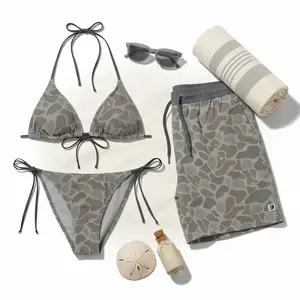 Grey Camo Matching Swimsuits for Couples, Triangle Bikini Set & Men's Swim Trunks, Summer Beachwear, Tropical Vacation Swimwear