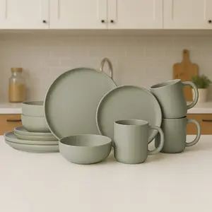 12-Piece Stoneware Dinnerware Sets with Mugs Microwave & Dishwasher Safe Non-Toxic Dinner Plates Bowls Set Stackable Matte Glaze Kitchenware for 3 DP002-G lightweight tableware