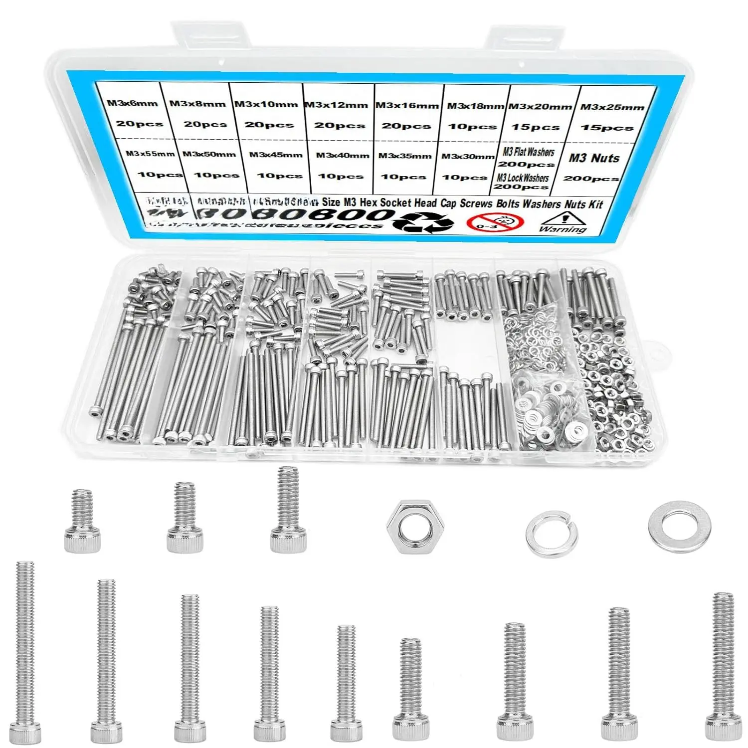 800 count M3 Screw Kit,Hex Socket  Cap Screws Assortment with Nuts and Washers,304 Stainless Steel Metric Screws,M3  for 3D Printing(M3 x 6/8/10/12/16/18/20/25/30/35/40/45/50/55mm)