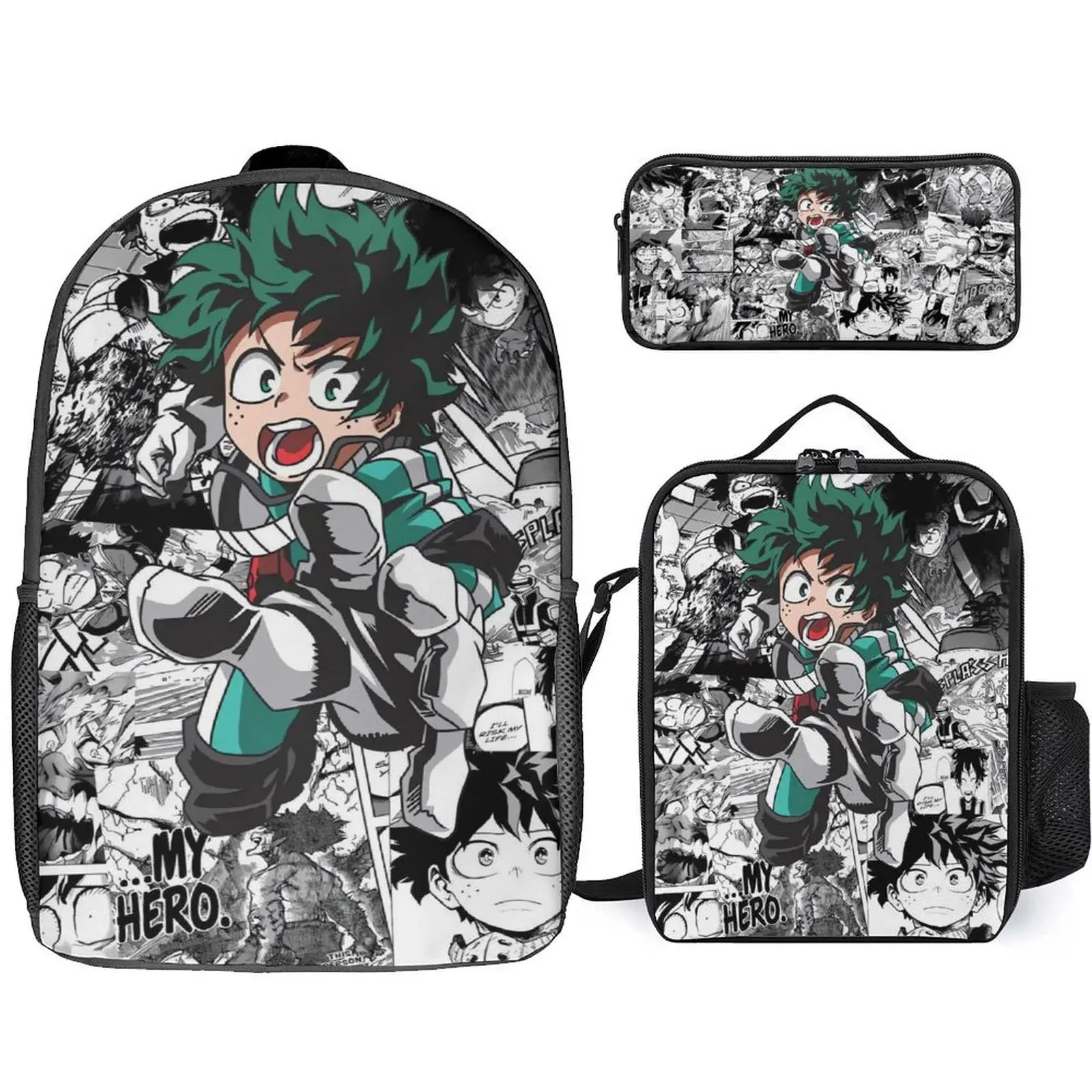 Hero-Academia Izuku Midoriya 3 Piece Backpack Set with Lunch Bag Pencil Case , High Capacity Bookbag with Lunch Box Pen Box Workplace Travel