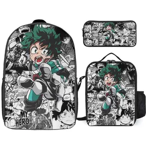 Hero-Academia Izuku Midoriya 3 Piece Backpack Set with Lunch Bag Pencil Case , High Capacity Bookbag with Lunch Box Pen Box Workplace Travel