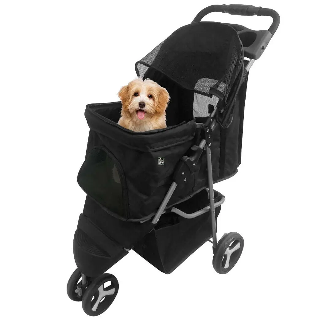 Black 3-Wheel Foldable Portable Puppy Stroller - Outdoor Animal Carrier for Cats and Dogs with Zipper, Fabric Construction, Metal Frame, and Storage Basket
