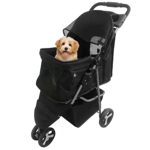 SuperDeal Pets Foldable 3-Wheel Pet Stroller - Carrier for Cats and Dogs with Storage Basket