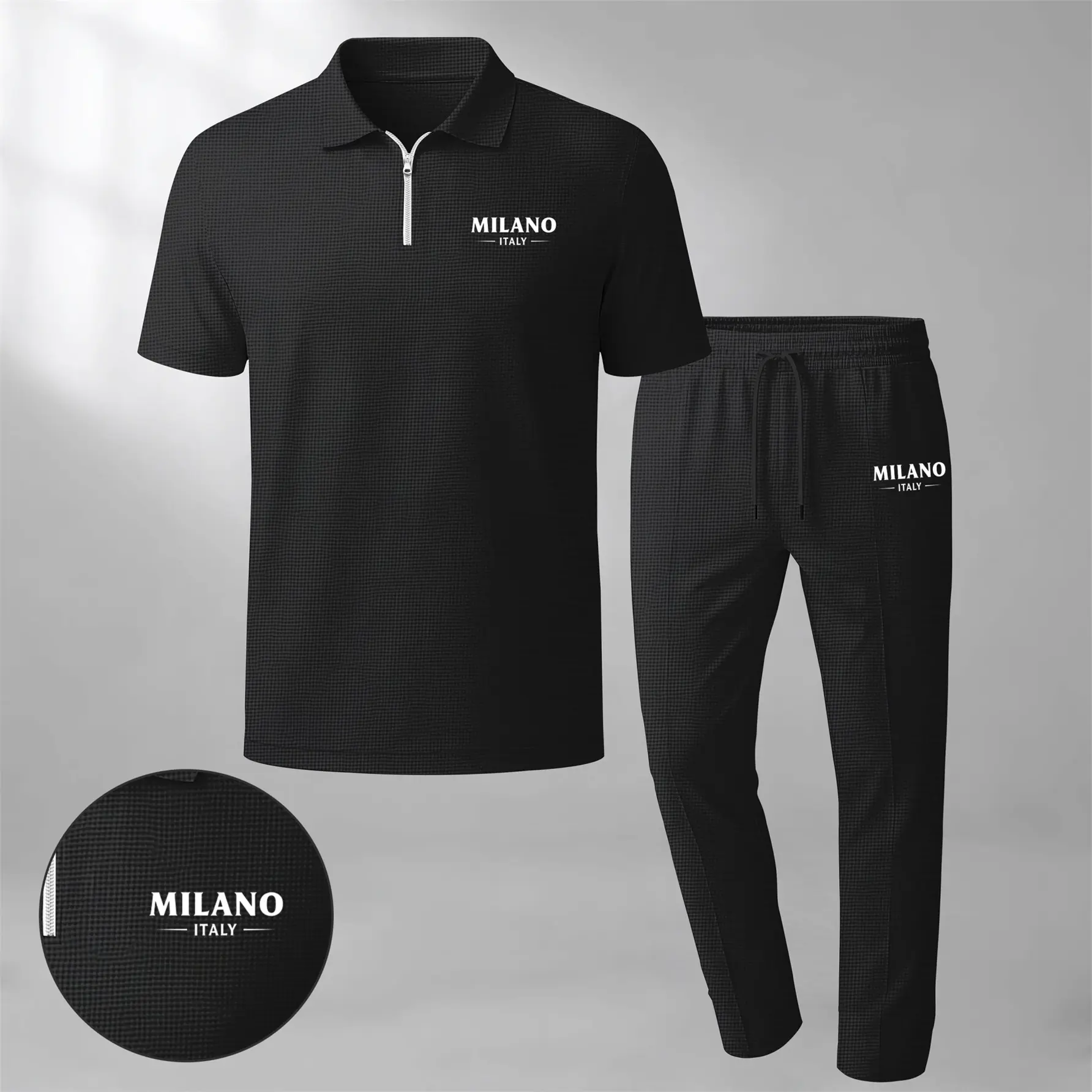 Men's Milano Print Zip-Up Collar Short-Sleeve Polo Shirt And Pants Two-Piece Set, Made With Waffle Knit Fabric, Breathable And Comfortable, Soft Texture, And A Relaxed Fit, Suitable For Everyday Casual Wear.