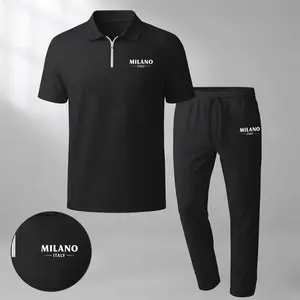 Men's Milano Print Zip-Up Collar Short-Sleeve Polo Shirt And Pants Two-Piece Set, Made With Waffle Knit Fabric, Breathable And Comfortable, Soft Texture, And A Relaxed Fit, Suitable For Everyday Casual Wear.