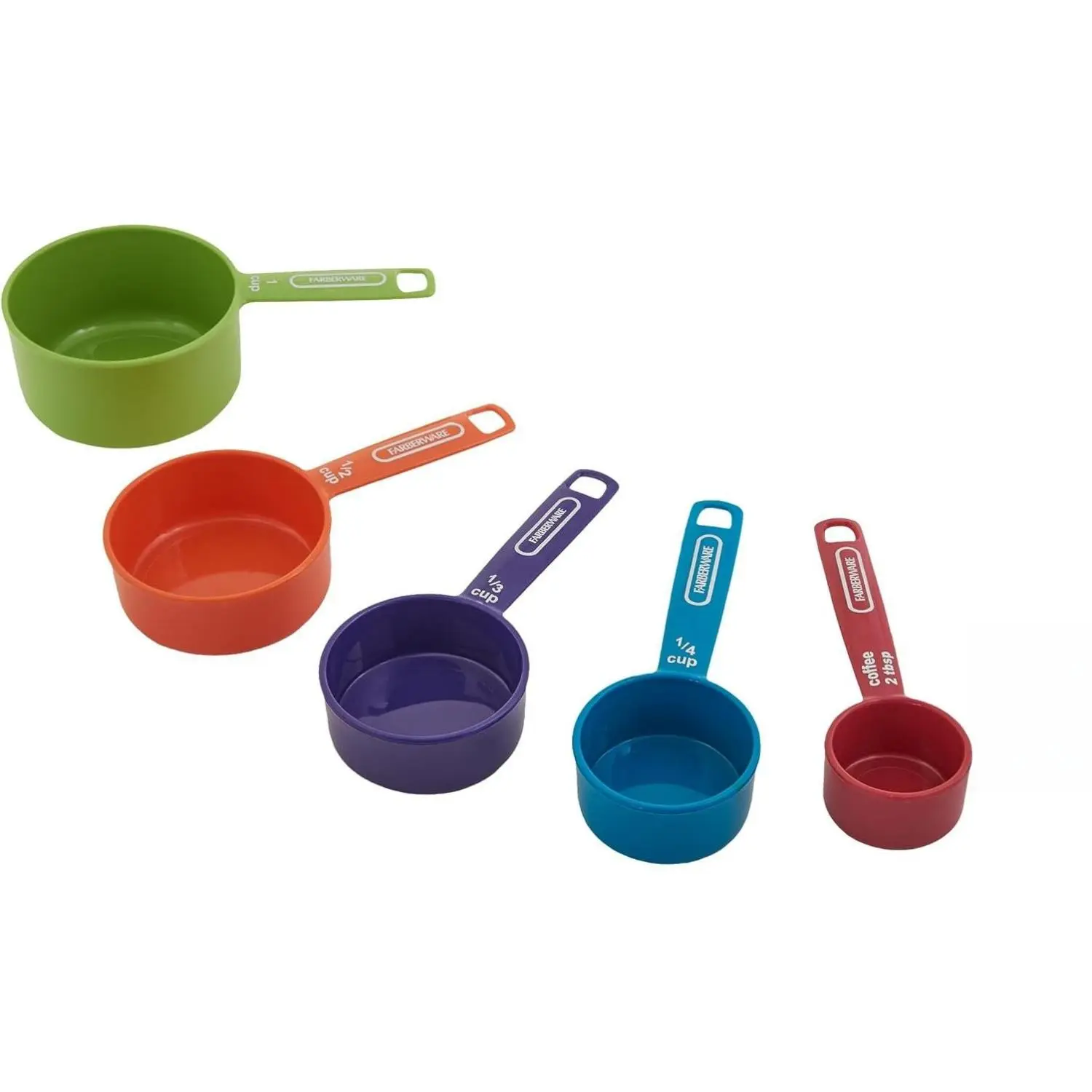 5-Piece Measuring Cup Set with Coffee Scoop Durable Plastic Nesting Cups Easy-Read Markings BPA-Free Dishwasher Safe for Cooking & Baking 0-500 Ml