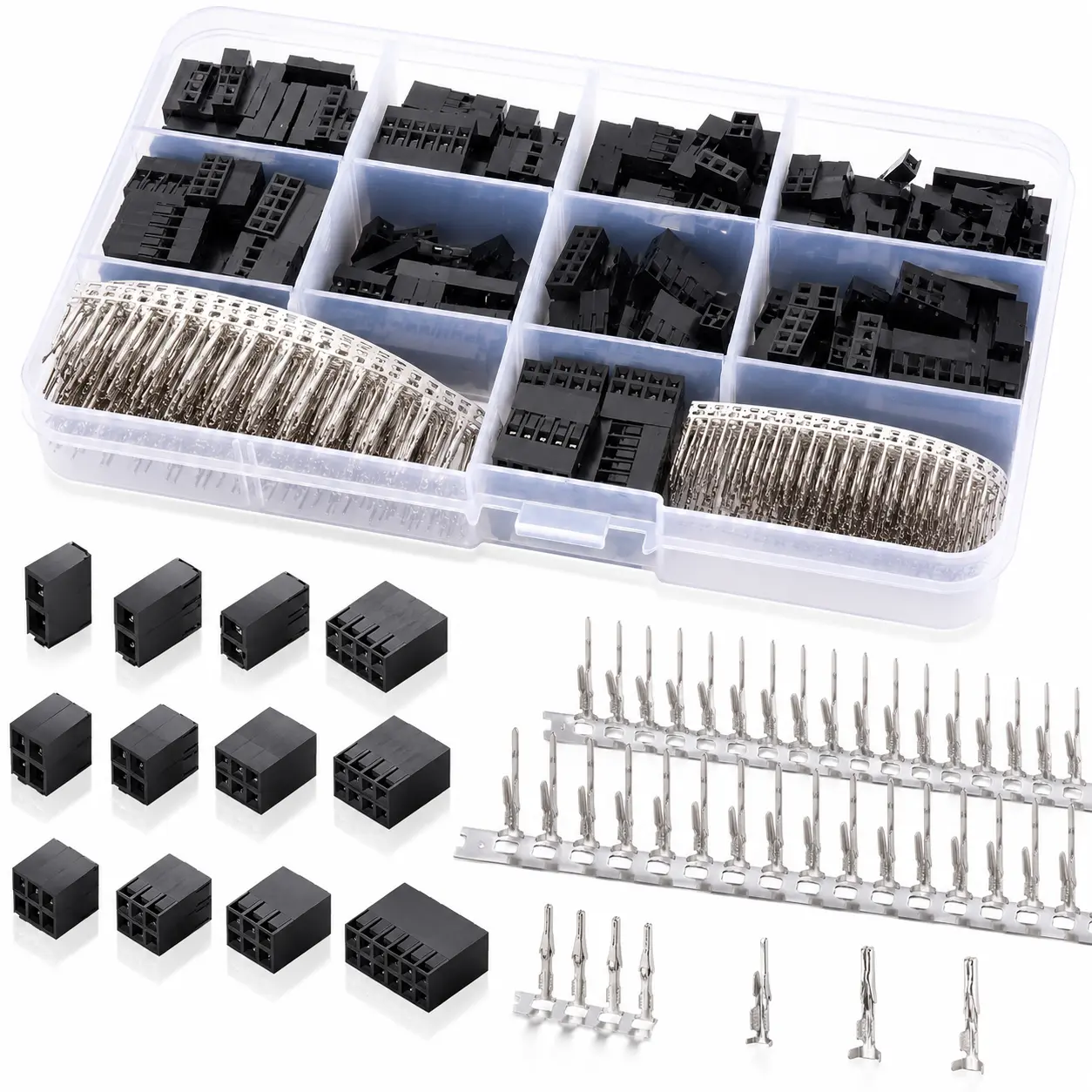 620pcs 2.54mm/0.1" Connectors Wire Jumper Cable Pin Header Connector Housing Assortment Kit Male Female Crimp Pin Connector Terminal Pitch With Plastic Box