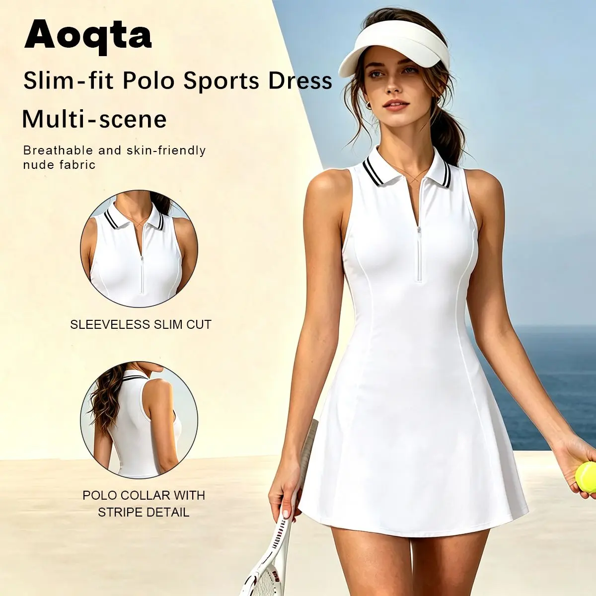 Aoqta Women's Summer Sports Dress - White Slim-Fit Retro Collegiate Tennis Dress, Figure-Flattering Leg-Elongating Silhouette, Minimalist High-End Design for Sports, Shopping