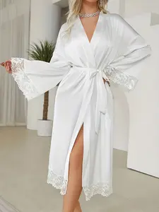 Luxurious Satin Robe, Spring Fall Lace Trim Long Tie Bathrobe, Women's Sexy Home Wear, Elegant Sleepwear for Ladies