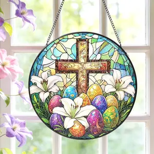 Easter Stained Acrylic Suncatcher Cross Lilies Eggs Window Hanging, Religious