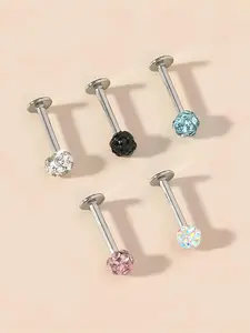 Unisex Elegant Rhinestone Decor Labret Studs, Side Labret Jewelry, 5pcs/set Stainless Steel Lip Piercing Jewelry for Women & Men, Fashion Trendy All-match Glittering Body Jewelry As Birthday Gift