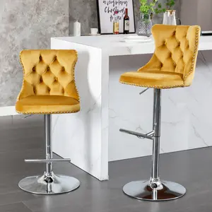 Furniture, Swivel Velvet Barstools Adjusatble Seat Height from 25-33 Inch, Modern Upholstered Chrome base Bar Stools with Backs Comfortable Tufted for Home Pub and Kitchen Island（Set of 2）