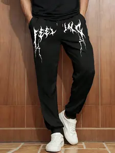 Men's Drawstring Waist Lightning Print Joggers, Comfortable Sportswear for Active Lifestyle, Classic Cuffed Design, All Seasons Wear