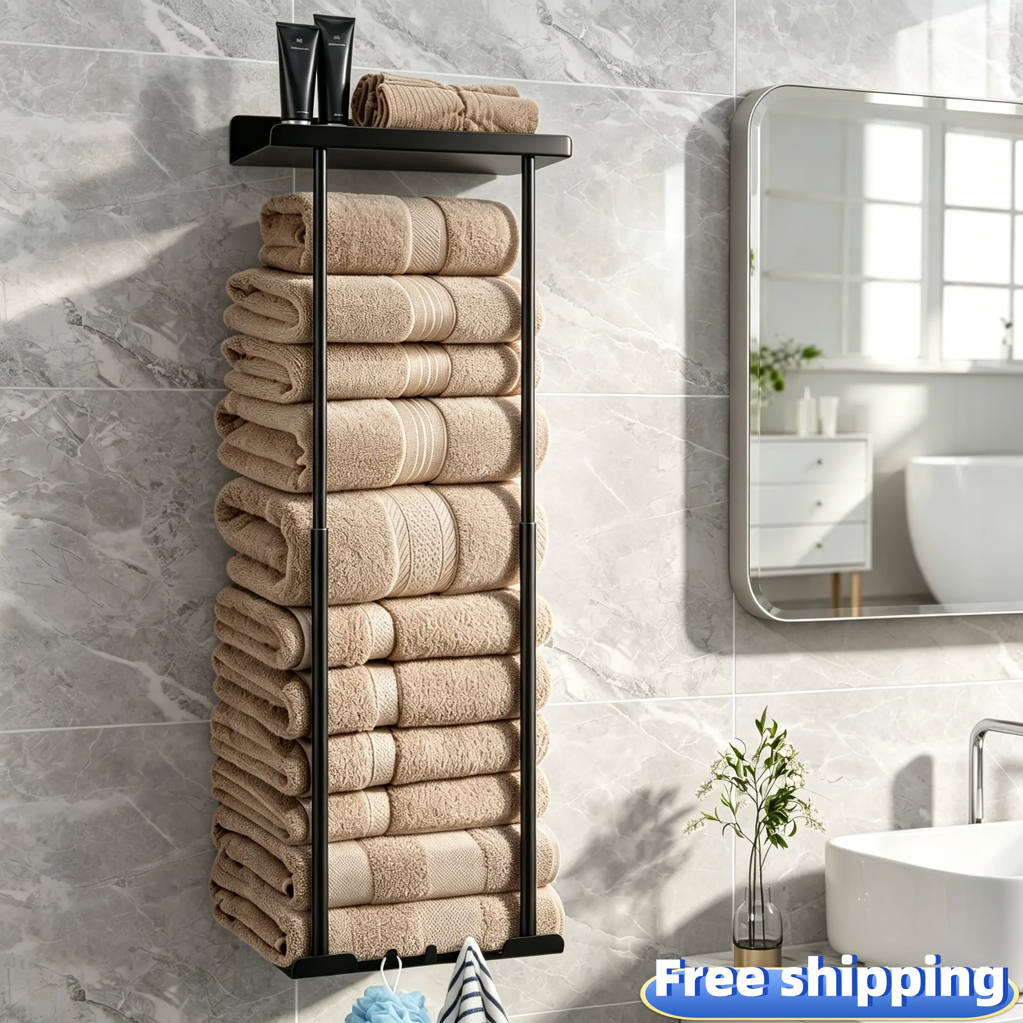 Towel Racks for Bathroom, Bathroom Towel Storage Wall Mounted 30 inch with Shelf Can Holds 6 Large Towels, Wall Towel Rack for Rolled Towels, Black