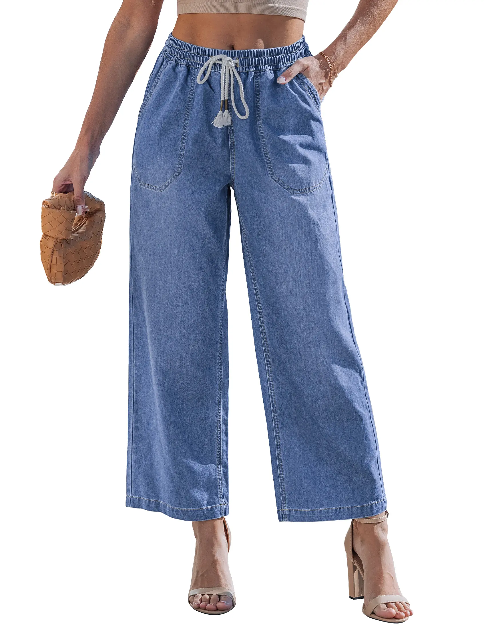 Luvamia Women's Trendy High-Waisted Wide-Leg Ankle Jeans - Lightweight Soft Fabric Pull-On Denim with Drawstring Waist, Pockets, Essential Blouse Vibe Tank Top Fit
