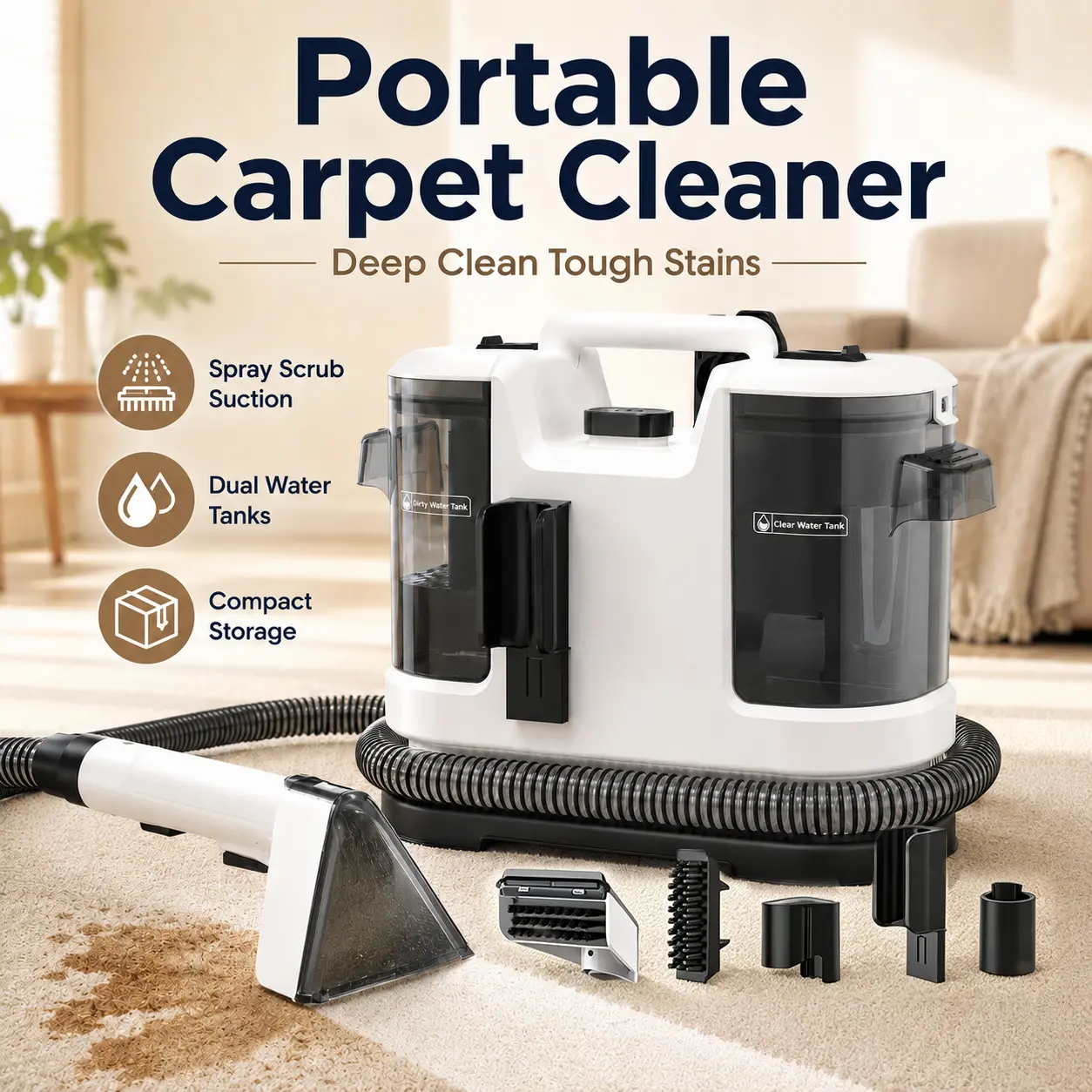 Portable Carpet and Upholstery Home Cleaning Machine, 450W High-Power Motor, 13.5 kPa Suction, 55AW Suction, Dual Water Tanks, 5m Extra-Long Power Cord, Suitable for Pet Stains, Carpets, Car Seats