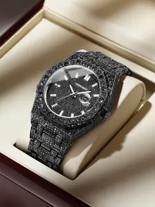 Moissanite Men's High-End Quartz Watch, Luxurious Full Diamond Dial Waterproof Wristwatch, Trendy Fashion Business Casual Versatile Fashion Timepiece. Perfect for business or daily wear. An ideal choice for Valentine's Day gifts, anniversary gifts