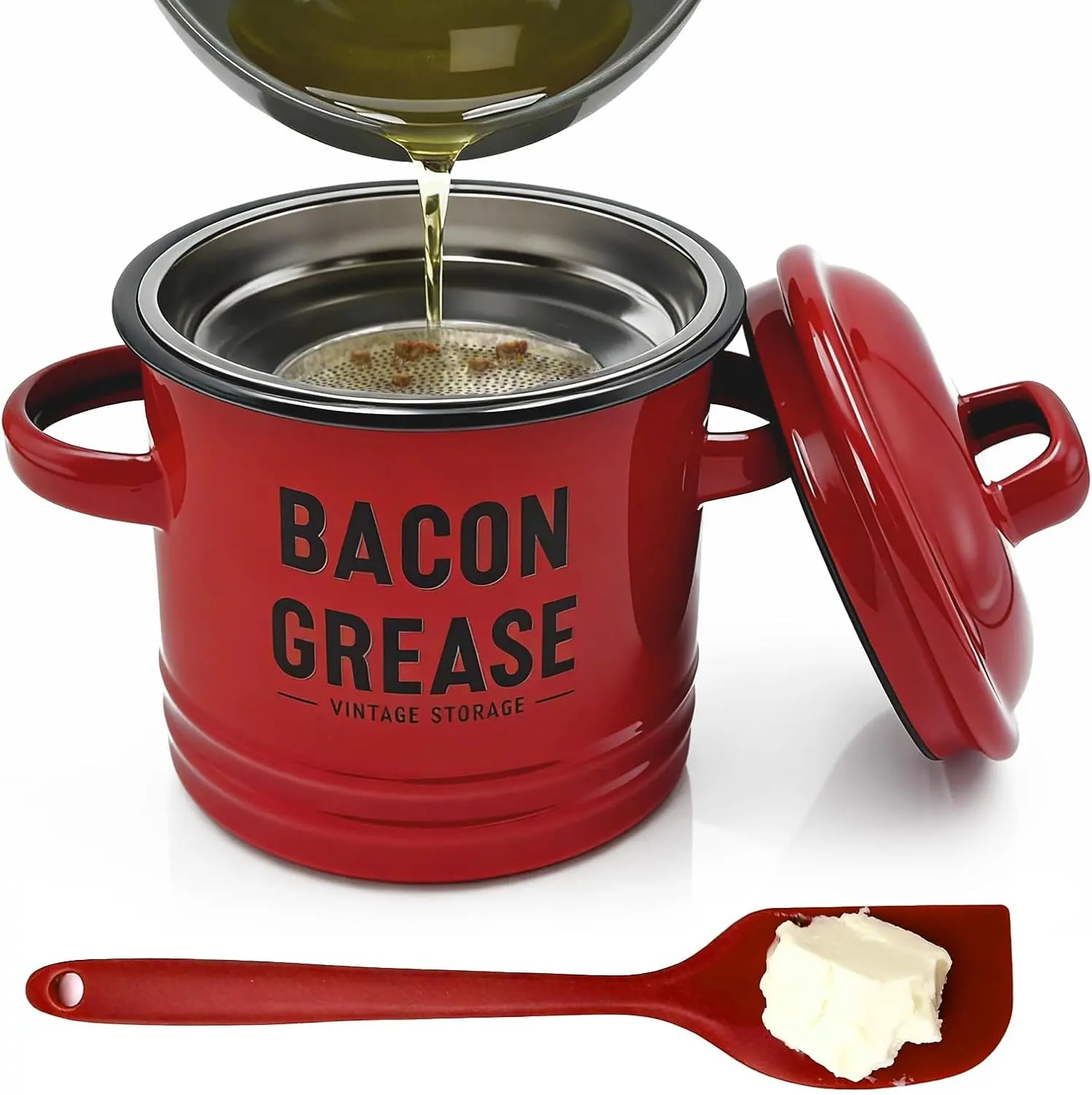 Bacon Grease Container with Strainer - Large 46OZ Red Kitchen Oil Storage Can, Food Saver Bin with Lid | Farmhouse Cooking Pot Keeper Collector, Dishwasher Safe