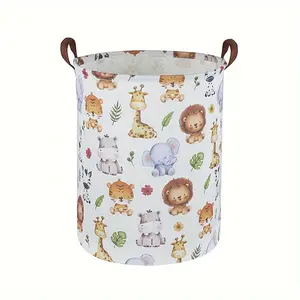 Cute Animal Design Multi-Use Round Canvas Laundry Basket with Handles - Storage Bin for Toys, Clothes, Books - No Lining, Suitable for Various Room Types