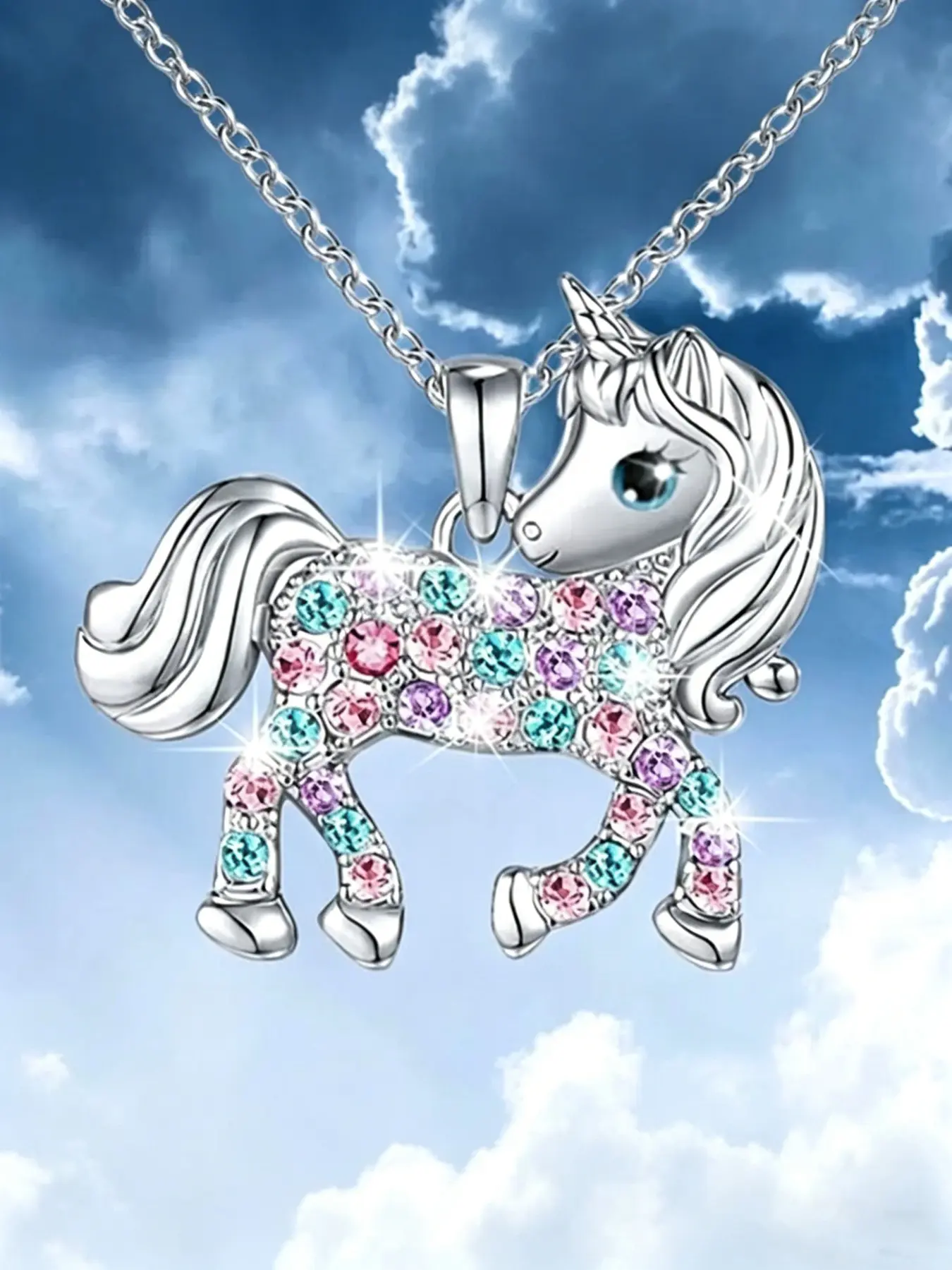 Cute Rainbow Horse Necklace Colorful Crystal Unicorn Pendant Necklaces For Women Girls Boys Christmas Gifts Trendy Necklace Neck Jewelry