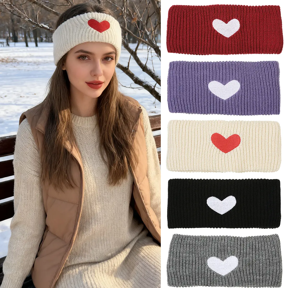 AWAYTR Heart Shaped Print Knit Wide Headband for Winter Women Ear Warmers Truban Headbands Thick headbands for Women Girls Black Gray Beige Red Purple Camel