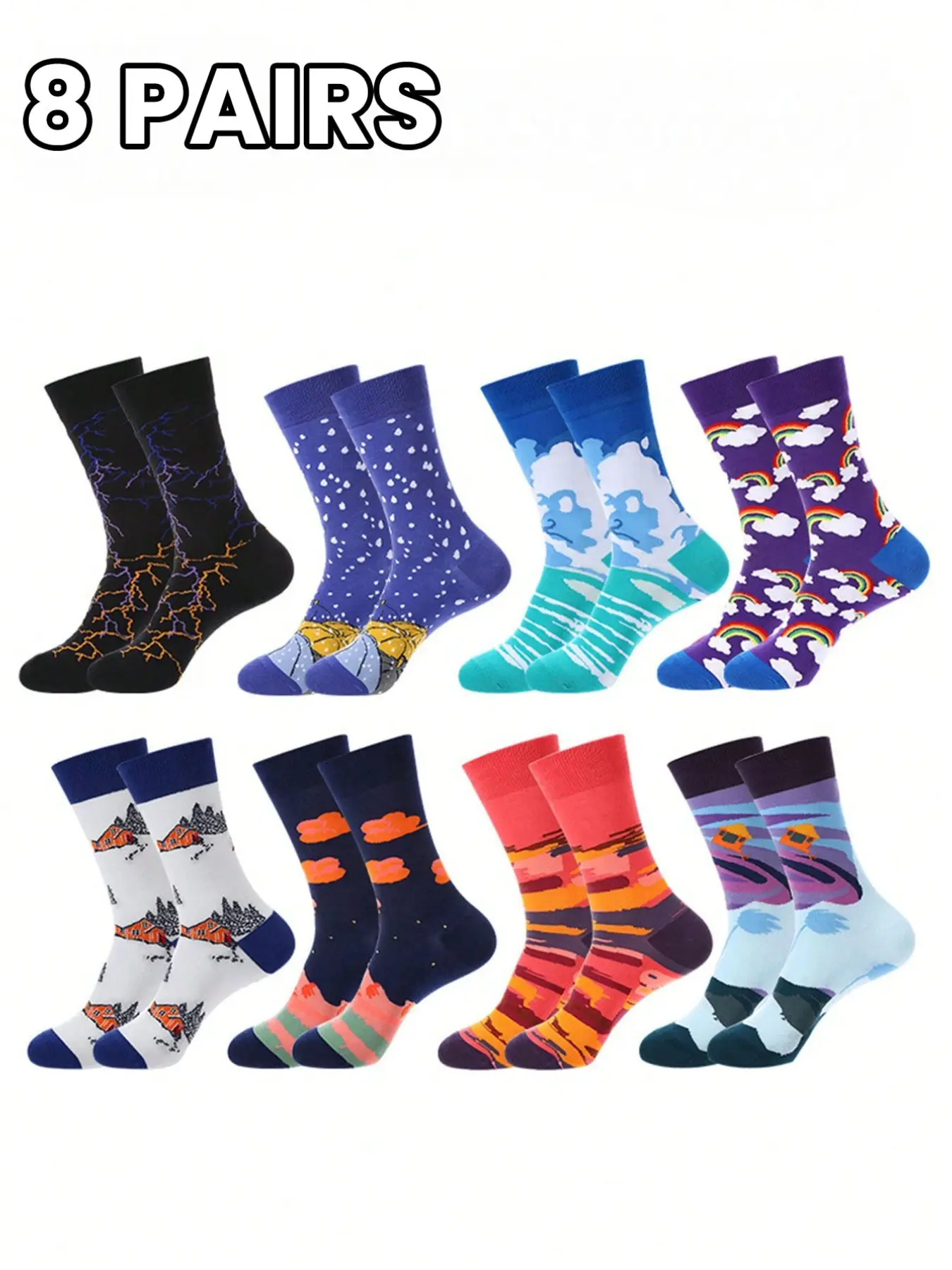 8 Pairs Creative Art Mid-Calf Socks, Sock Packs, Print Crew Socks, Lightning, Rainbow, Mountain Patterns, Vintage Style, Breathable, Casual Wear for Young Trendsetters