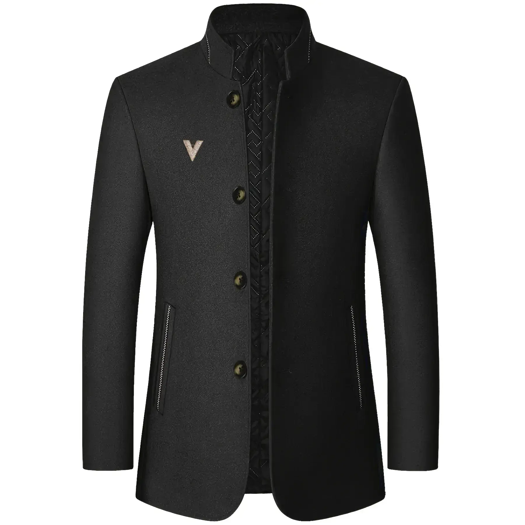Men's casual formal style lambskin long sleeve jacket - stand-up collar single-breasted side pocket jacket, semi-formal office occasions and daily wear in autumn and winter - polyester fiber lining for cold resistance and warmth, texture fabric design