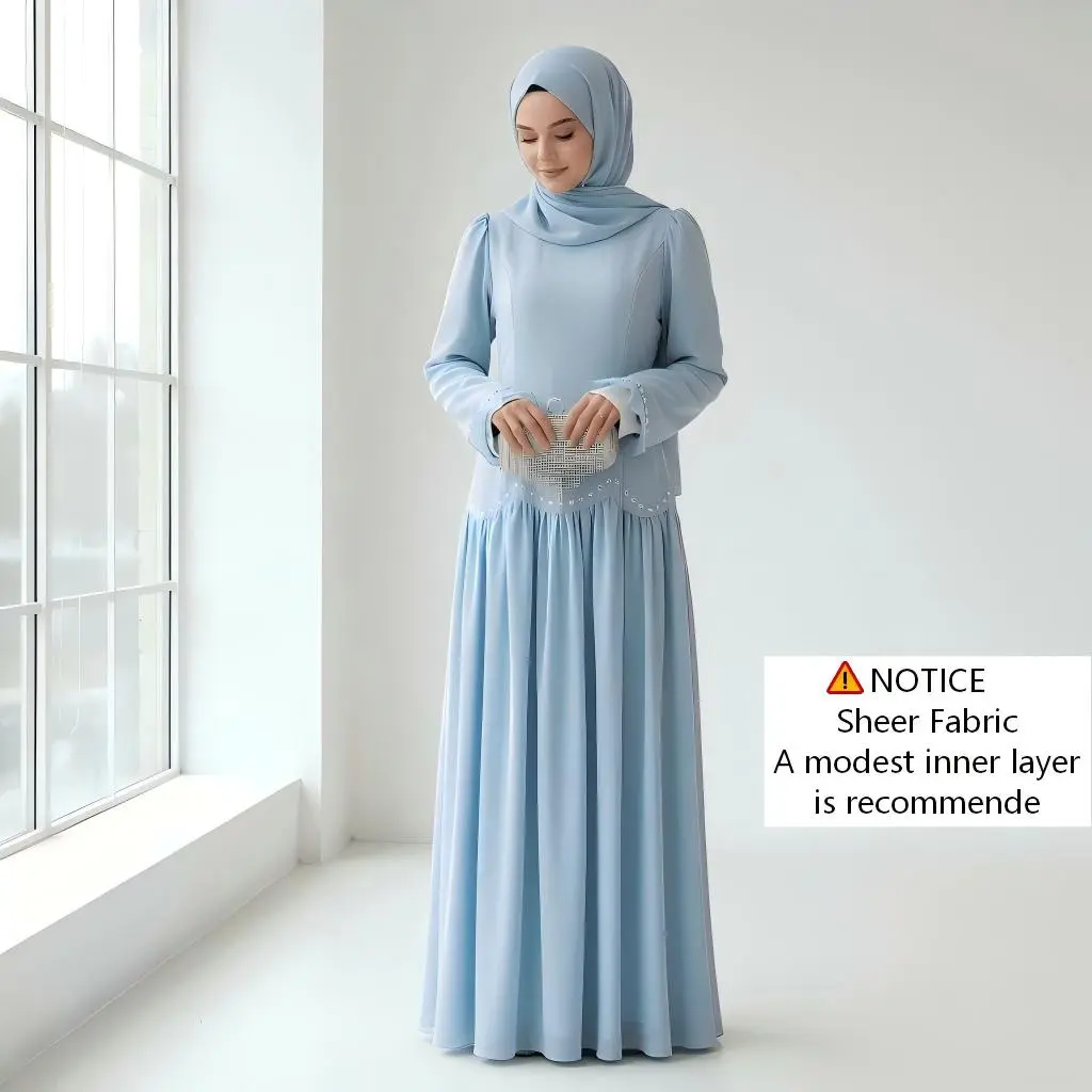 Women's Modest 2-Piece Muslim Chiffon Abaya Dress Set - Elegant Pleated Gown with Crystal Waist Chain, Hijab - Ideal for Eid, Party Occasions, Modesty, Muslim Outfits, Dress For Women