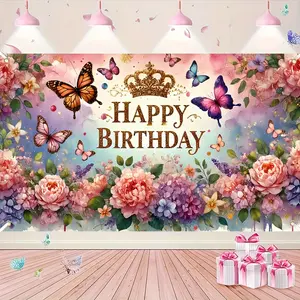 Vibrant Butterfly and Floral Birthday Banner Backdrop Tapestry, Polyester Background Decor with Crown Design, Pastel Pink Roses and Multicolor Flowers, Perfect for Party Decorations, Photo Backgrounds and Celebrations, Butterfly Decoration