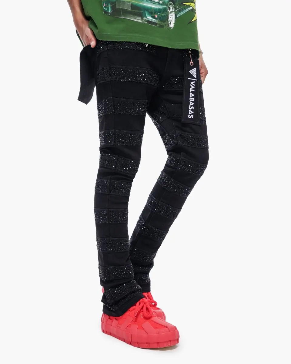 Men's Phoenix 3.0 Stacked Denim Jeans - Jet Black, Cotton-Spandex, Streetwear Denim Pants, Rhinestones, Panel Detailing, True Size, Button-Zip Closure, Full Length, Stretch, Casual Wear, Pockets