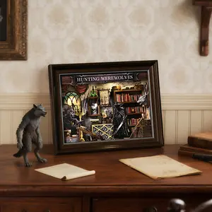 ETKVR ZR06 Hunter Werewolf Picture Frame Book Nook Kit-3D Wooden Puzzle with LED Switch Control & Wall-Mountable Frame,DIY Miniature House for Beginners,Bookshelf/Tabletop/Wall Decor for Craft Lovers,Dollhouse Gift,Holiday Bookstore