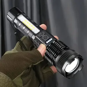 High Power LED Flashlight with COB Blue Warning Side Light, Rechargeable Adjustable Focus Fishing Camping Lamp, 7 Modes, Portable Christmas Gift, Adjustable Tactical Flashlight