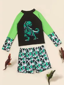 Boys' Dinosaur Print Swimwear, Camouflage Colorblock Design, Summer Water Play Sun Protection, Cool Baby Swimsuit for Kids