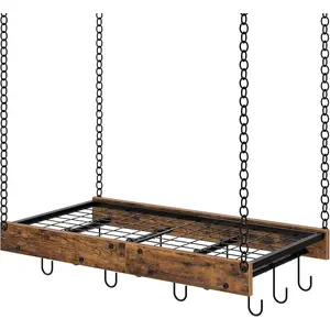 Ceiling Mounted Hanging Pot Rack with 12 S-Shaped Hooks, Hanging Storage Rack for Kitchen Cookware Pots and Pans, Rustic Brown and Black