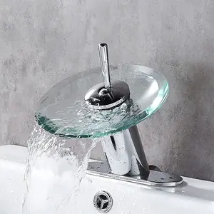 Waterfall Bathroom Sink Faucet Solid Brass Glass One Handle Single Hole Basin Vanity Bathroom Faucet, Short, Blue+Chrome RODDEX