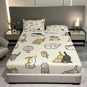 Three pieces with cute cartoon kitten patterns Sheet Set (1 Fitted Sheet + 2 Pillowcases), High-Quality Bedding for Bedroom or Guest Room