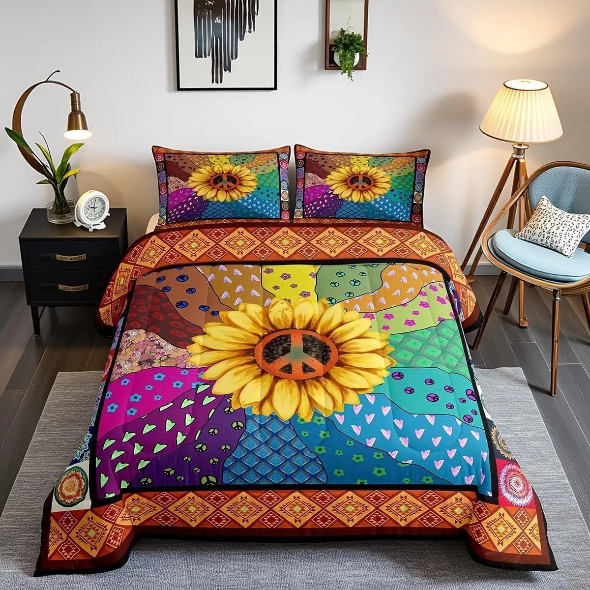 Feelyou Peace Sign Quilted Duvet Set - Bohemian Bedding with Colorful Stripes & Yellow Sunflowers, Queen Bedding for Women & Kids, Bedding Sets, Queen Bedding Sets