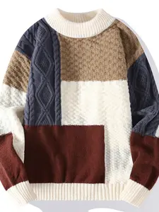 Men's Colorblock Knit Sweater, Contrast Patchwork High Neck Pullover, Vintage Casual Street Style Hoodie, Fashionable Winter Wear Knitwear