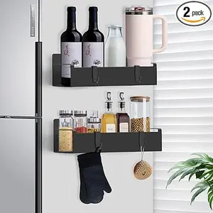 2 Pack Magnetic Spice Rack for Refrigerator with Hooks, Magnetic Fridge Storage Organizer for Water Bottle, Magnetic Stanley Cup Holder for Kitchen, Black