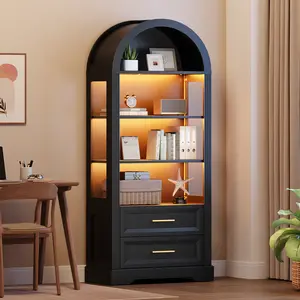 HOOBRO 66.9" Tall Arched Bookcase, Wooden Display Cabinet with Lights, Farmhouse Arched Bookshelf with 2 Drawers, Open Storage Shelf for Living Room, Office, Bedroom, Black #SpringSale #BigSpringSale